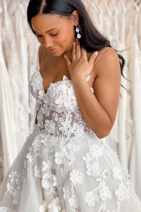 Tulle A-line Spaghetti Straps Sweetheart Neck Lace Wedding Dresses, SW662