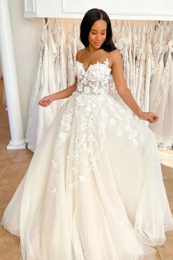 Tulle A-line Spaghetti Straps Sweetheart Neck Lace Wedding Dresses, SW662