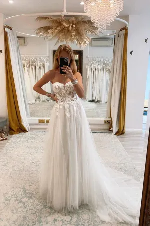 Tulle A-line Sweetheart Neck Wedding Dresses With Lace Appliques, MW909