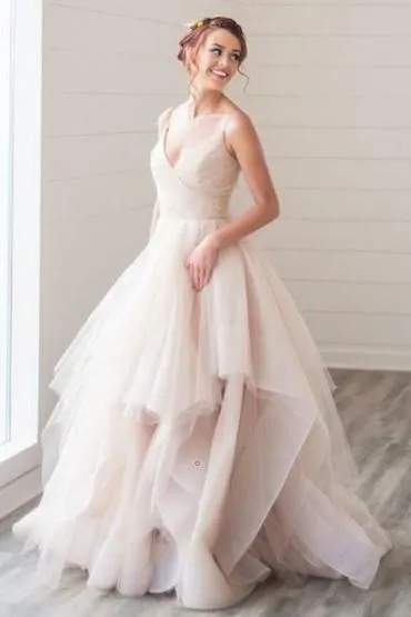 Tulle Blush Pink Wedding Dress with Spaghetti Straps