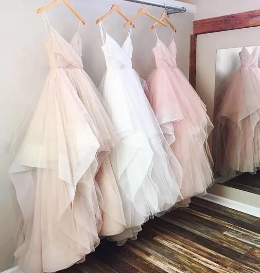Tulle Blush Pink Wedding Dress with Spaghetti Straps