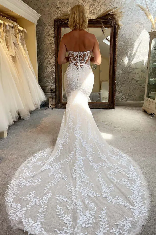 Tulle Mermaid Strapless Sweetheart Lace Appliqued Wedding Dresses, MW1000