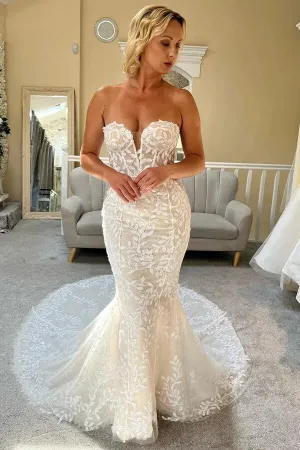 Tulle Mermaid Strapless Sweetheart Lace Appliqued Wedding Dresses, MW1000