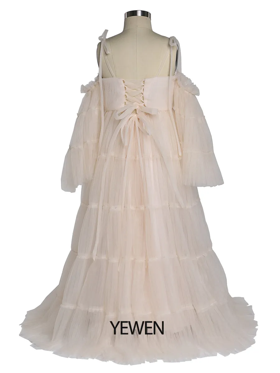 Tulle Pleated Girls Dress for Photo Shooting Kids Party Ball Gown Flower Girl Dresses Children's Party Dress for Wedding YEWEN YW211230