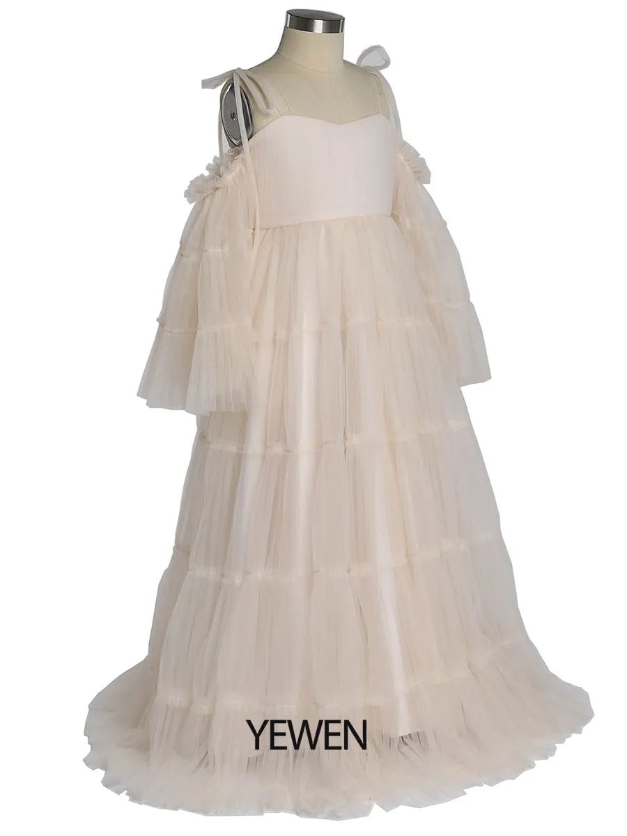 Tulle Pleated Girls Dress for Photo Shooting Kids Party Ball Gown Flower Girl Dresses Children's Party Dress for Wedding YEWEN YW211230