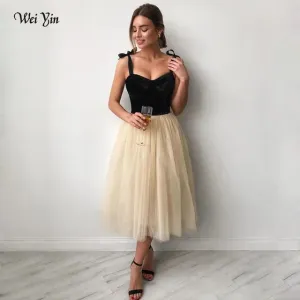 Tulle Spaghetti Strap A-Line Prom Dress Velvet Top Sexy Cocktail Dress Homecoming Evening Dresses Plus Size
