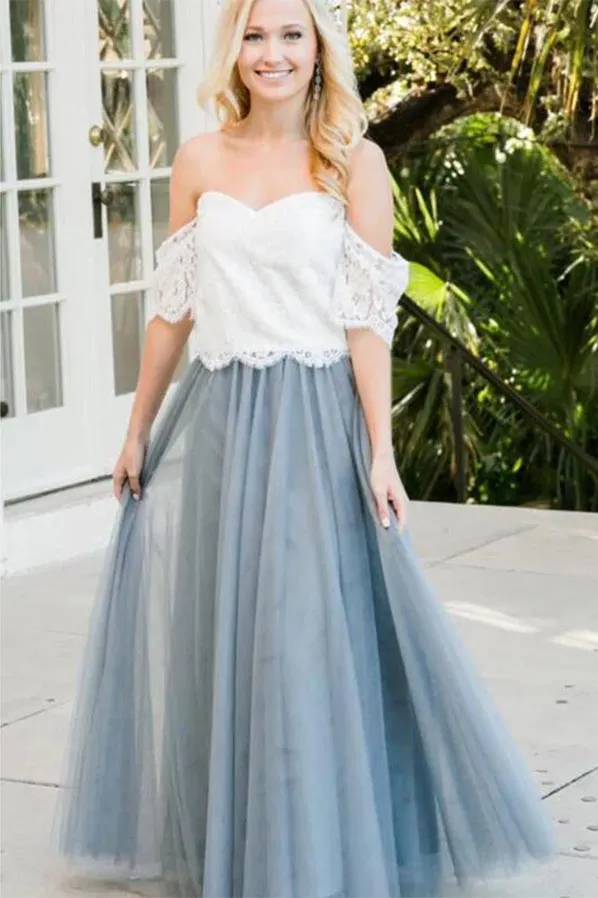 Tulle Two Piece Off-the-Shoulder Floor Length Lace Bridesmaid Dresses, MBD207