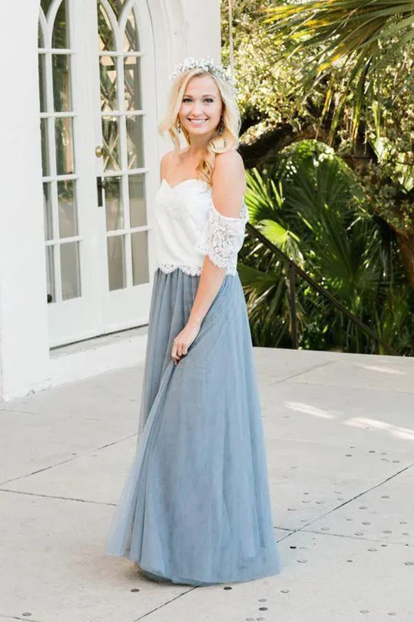Tulle Two Piece Off-the-Shoulder Floor Length Lace Bridesmaid Dresses, MBD207