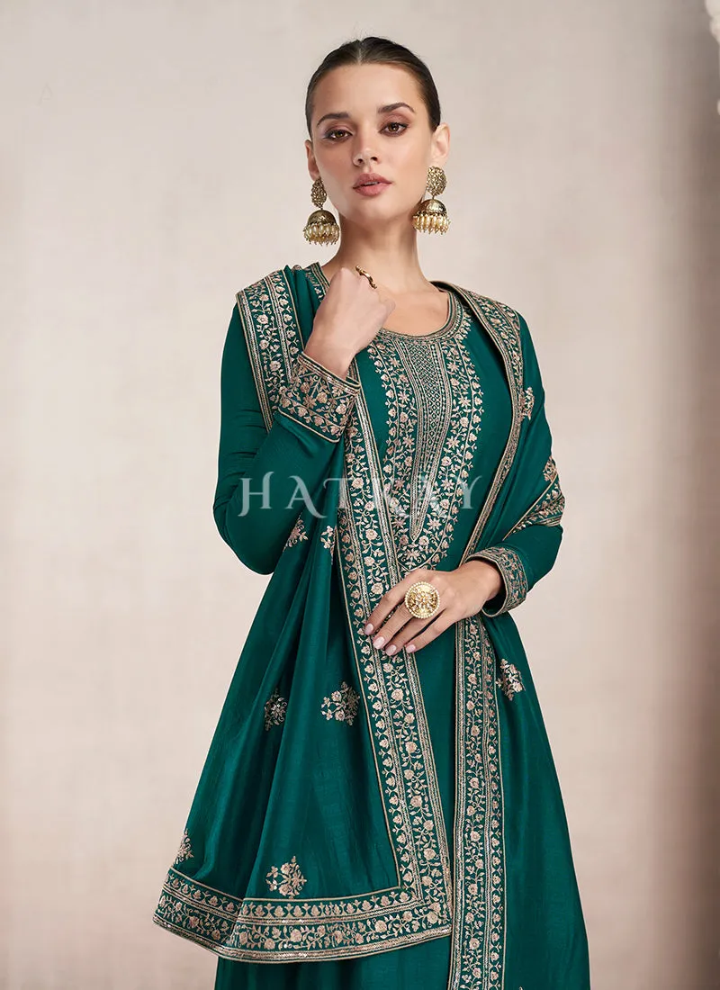 Turquoise Golden Embroidered Silk Salwar Kameez