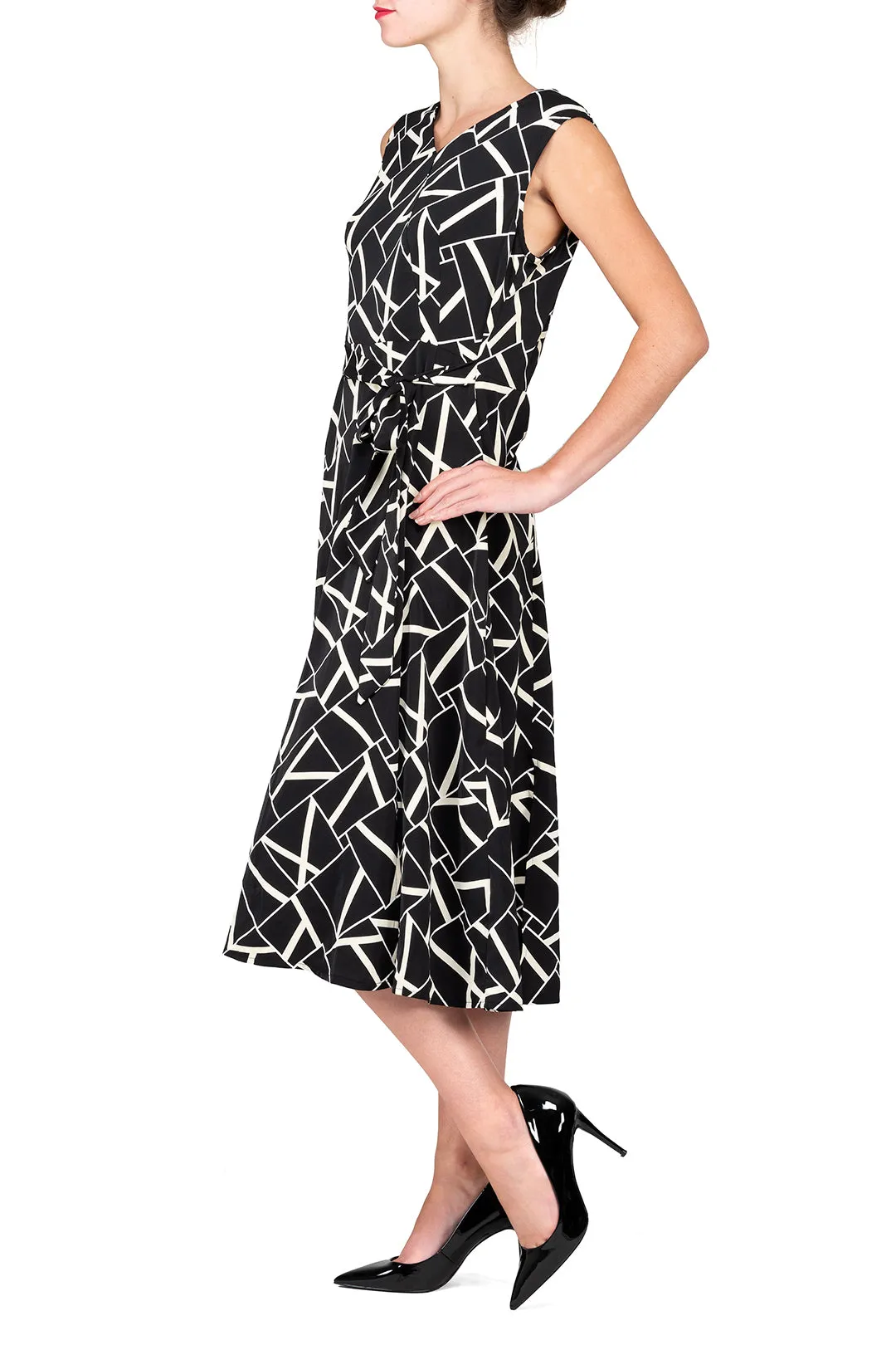 TWO PEARS-Geometric Pleated-Accent A-Line Dress