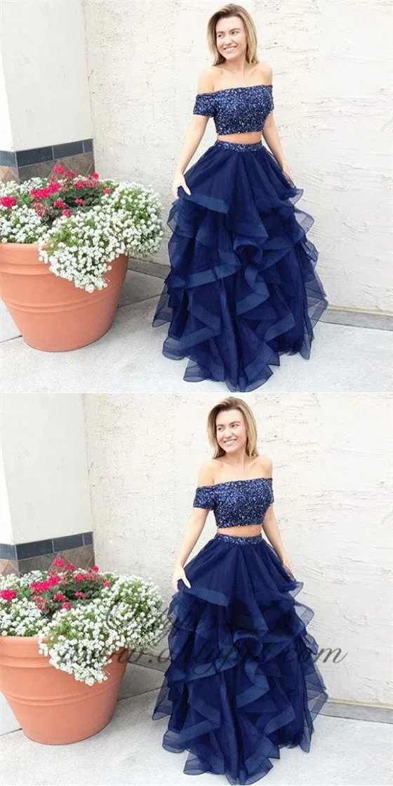 Two Piece Off the Shoulder Navy Blue Tulle Prom Dresses with Beading, TYP1269