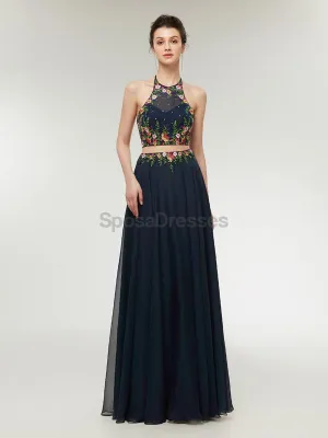 Two Pieces Halter Lace Applique Long Evening Prom Dresses, Evening Party Prom Dresses, 12005