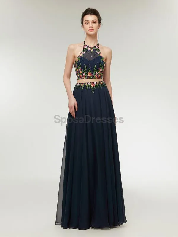 Two Pieces Halter Lace Applique Long Evening Prom Dresses, Evening Party Prom Dresses, 12005