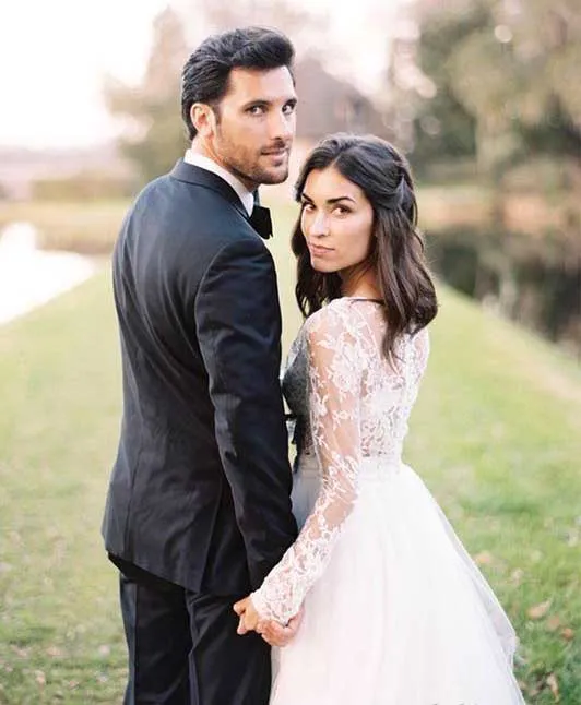 Two Pieces Long Sleeves Lace Bohemian Modest Wedding Dress-715375