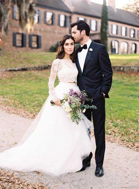 Two Pieces Long Sleeves Lace Bohemian Modest Wedding Dress-715375