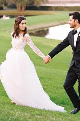 Two Pieces Long Sleeves Lace Bohemian Modest Wedding Dress-715375