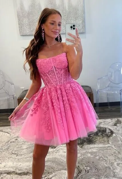 UK Short Lace Homecoming Dress Pink Prom Dress 2024 Strapless