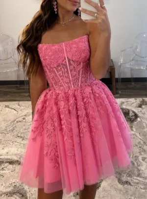 UK Short Lace Homecoming Dress Pink Prom Dress 2024 Strapless