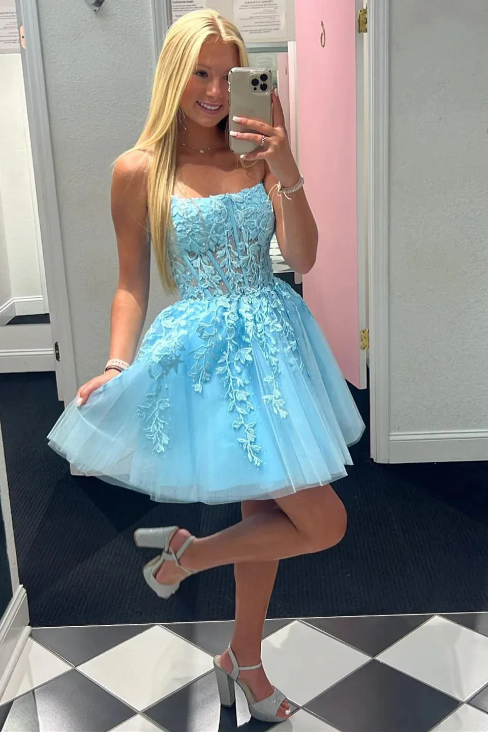 UK Short Lace Homecoming Dress Pink Prom Dress 2024 Strapless