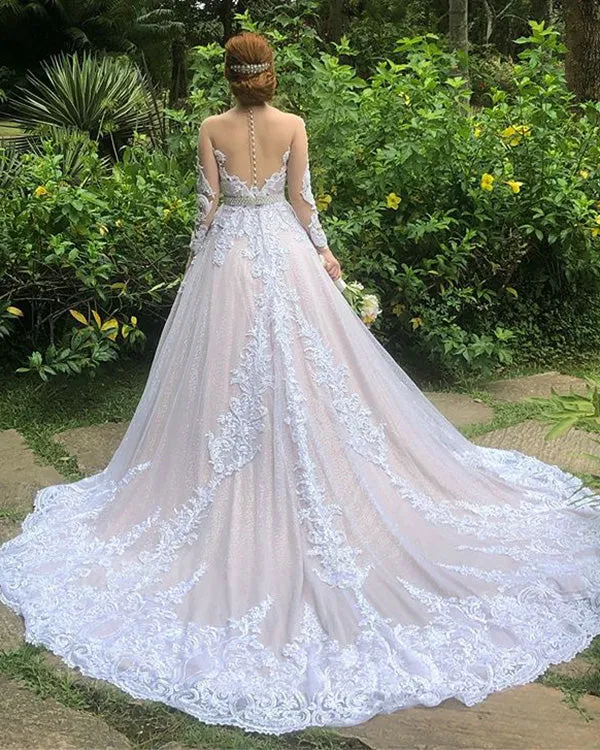 Unique Lace Wedding Dresses Sheer Long Sleeve 2019 Shiny Tulle Country Wedding Gowns