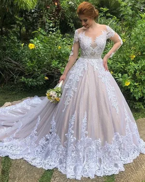 Unique Lace Wedding Dresses Sheer Long Sleeve 2019 Shiny Tulle Country Wedding Gowns