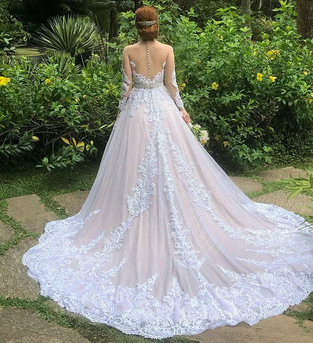 Unique Lace Wedding Dresses Sheer Long Sleeve 2019 Shiny Tulle Country Wedding Gowns