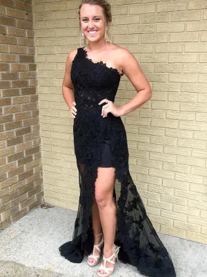Unique One Shoulder Black Lace Long Prom with High Slit, Black Lace Formal Graduation Evening