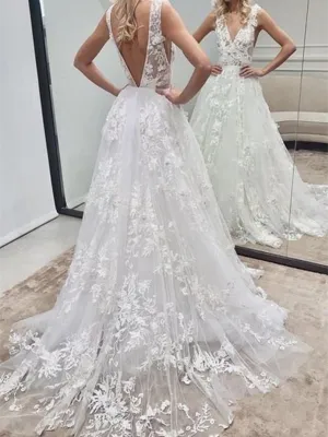 V Neck and V Back White Lace Long Wedding Dresses,  White Lace Long Prom Dresses, White Lace Formal Evening Dresses