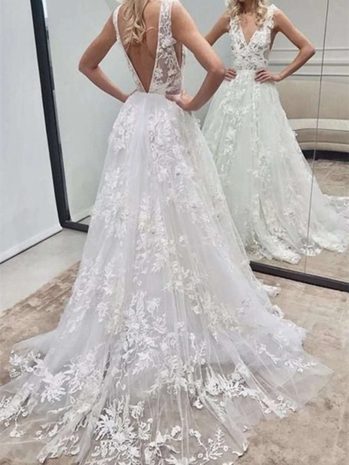 V Neck and V Back White Lace Long Wedding Dresses,  White Lace Long Prom Dresses, White Lace Formal Evening Dresses
