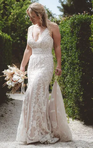 V-neck Mermaid Lace Bohemian Beach Wedding Dress With Open Back And Appliques-716582