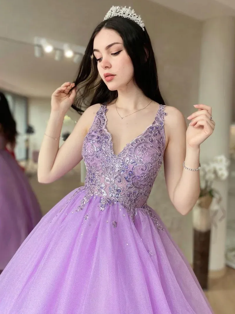 V Neck Purple Tulle Lace Long Prom Dresses, V Neck Backless Purple Tulle Lace Long Formal Evening Dresses