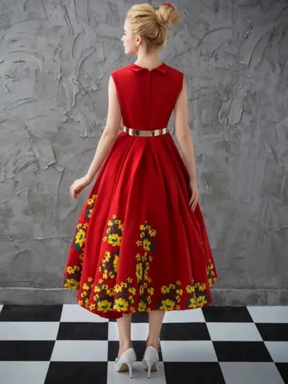 V-Neck Sashes Tea-Length Evening Dress