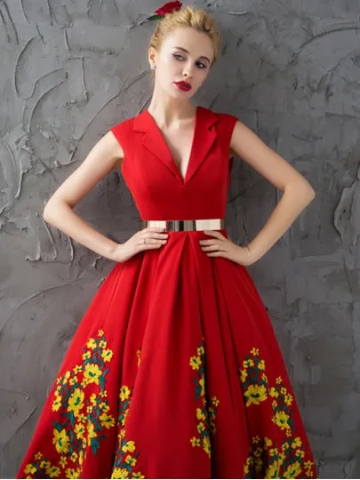 V-Neck Sashes Tea-Length Evening Dress