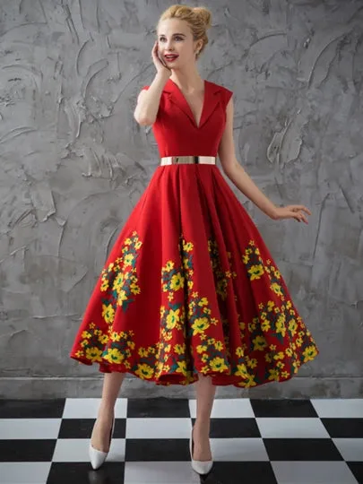V-Neck Sashes Tea-Length Evening Dress