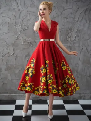 V-Neck Sashes Tea-Length Evening Dress