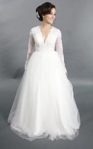 V-Neck Tulle Long Sleeve Dress With Lace Bodice-ET_711168