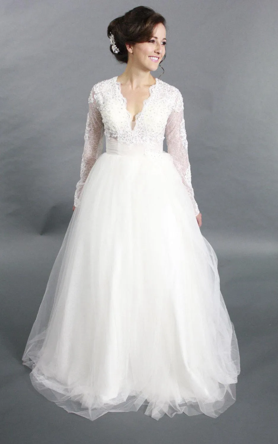 V-Neck Tulle Long Sleeve Dress With Lace Bodice-ET_711168