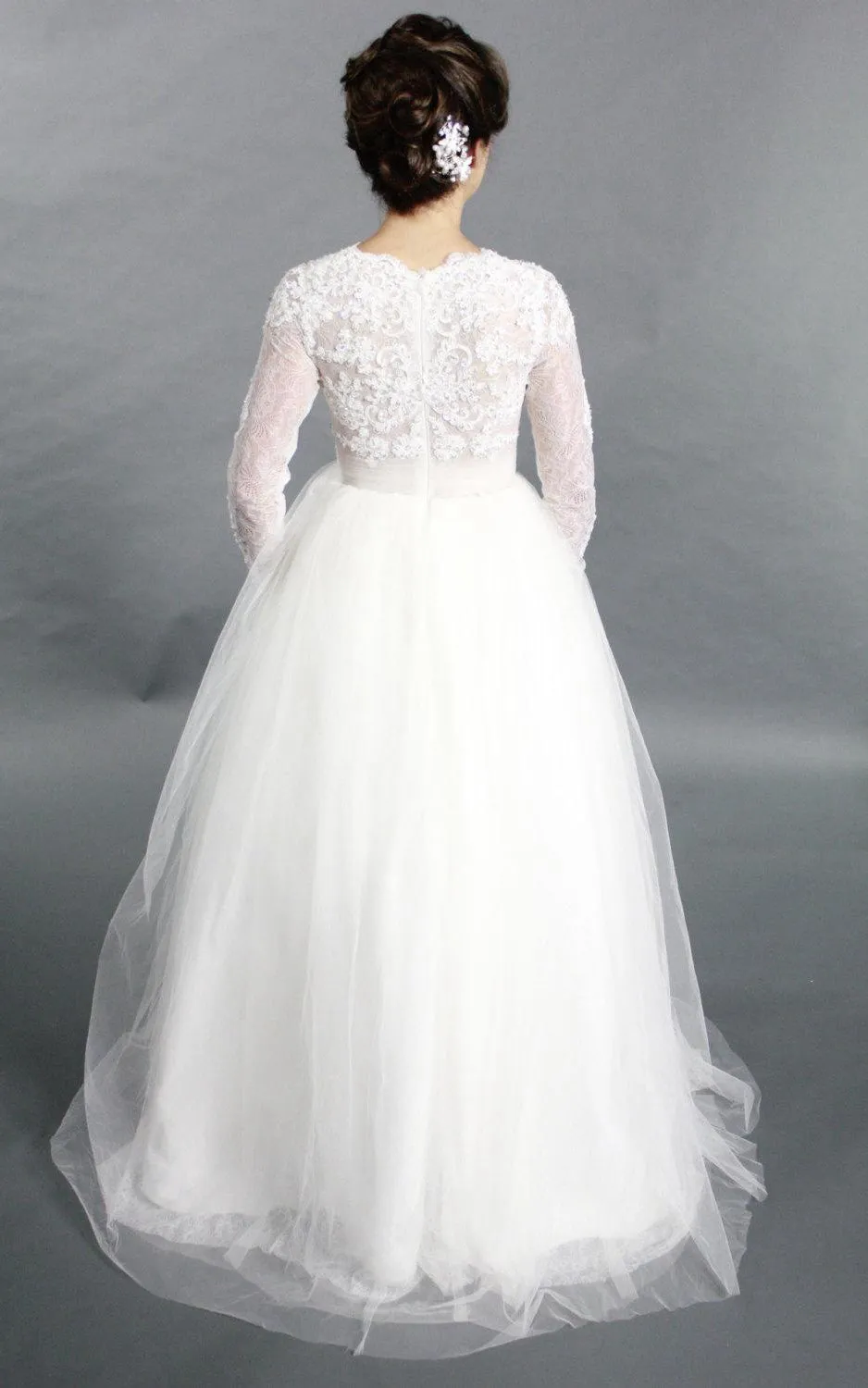V-Neck Tulle Long Sleeve Dress With Lace Bodice-ET_711168