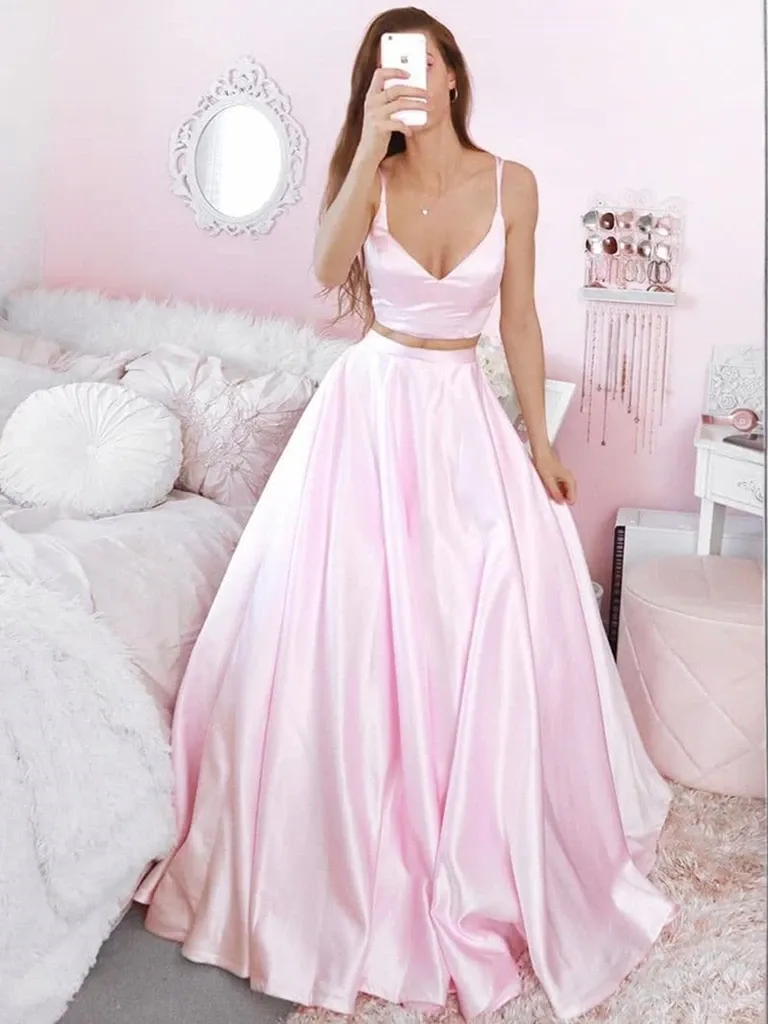 V Neck Two Pieces Pink Satin Long Prom Dresses, 2 Pieces Pink Formal Evening Dresses