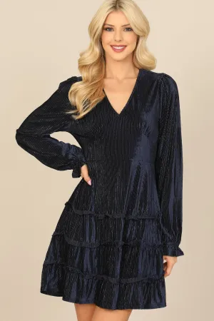 VELVET V-NECK LONG SLEEVE SILVER LINING RUFFLE DRESS
