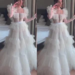 vestido de graduacion 2020 elegant prom dresses long sleeve tulle tiered ivory cheap prom gown