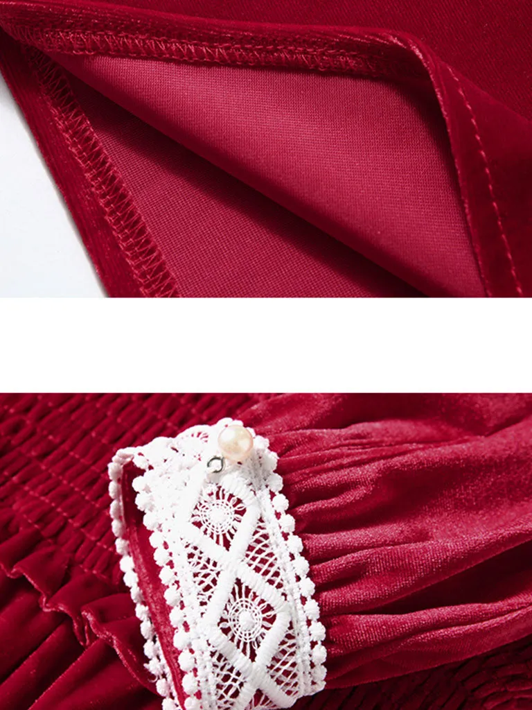 Vinatge Red Lace Long Sleeve Swing Velvet Dress