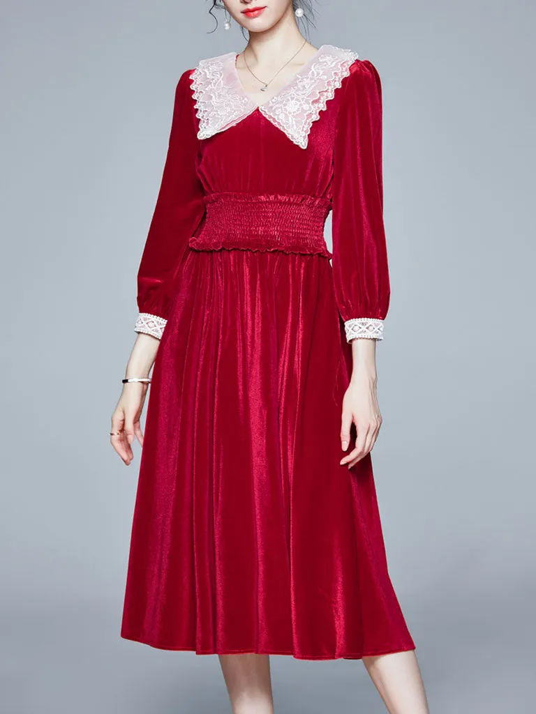 Vinatge Red Lace Long Sleeve Swing Velvet Dress