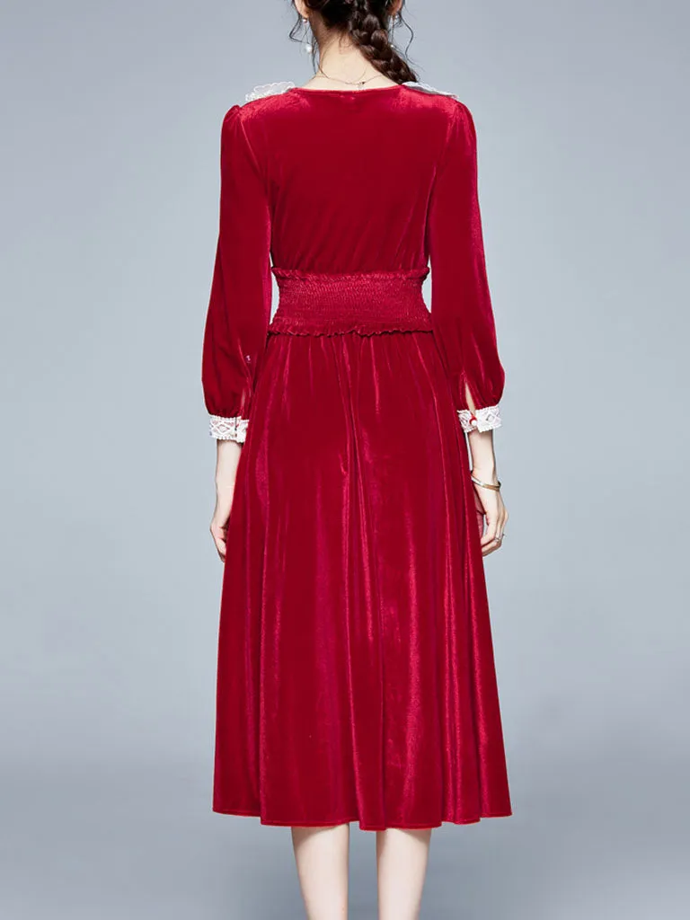 Vinatge Red Lace Long Sleeve Swing Velvet Dress