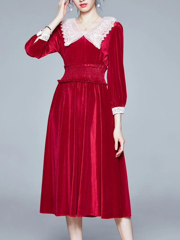 Vinatge Red Lace Long Sleeve Swing Velvet Dress