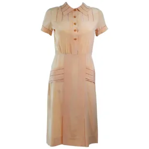 VINTAGE Circa 1940s Apricot Silk Day Dress Size 2-4