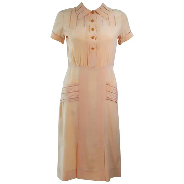 VINTAGE Circa 1940s Apricot Silk Day Dress Size 2-4