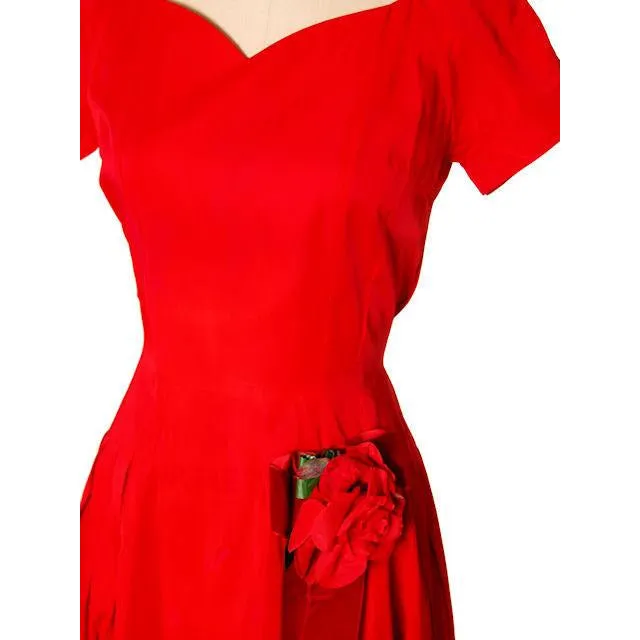 Vintage MCM Red Rayon Satin Party Dress Gay Gibson 1950s 35-28-Free