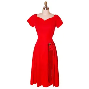 Vintage MCM Red Rayon Satin Party Dress Gay Gibson 1950s 35-28-Free