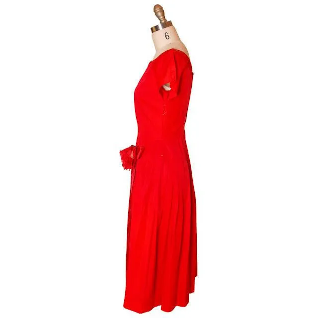 Vintage MCM Red Rayon Satin Party Dress Gay Gibson 1950s 35-28-Free